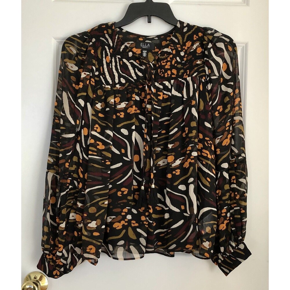 ELLA RAFAELLA WOMEN'S TOP SIZE SMALL BOHO ANIMAL PRINT SMOCKED SPLIT NECK TASSEL